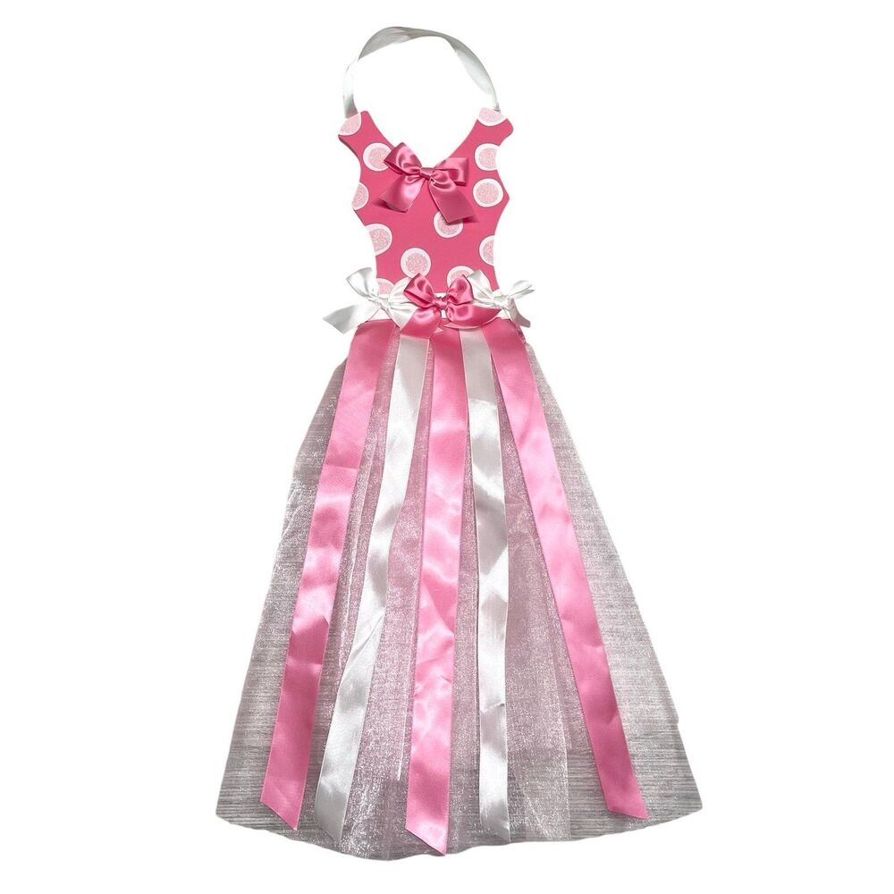 Girls pink dress ribbon w sparkly polka dots hair bow holder, clip organizer
